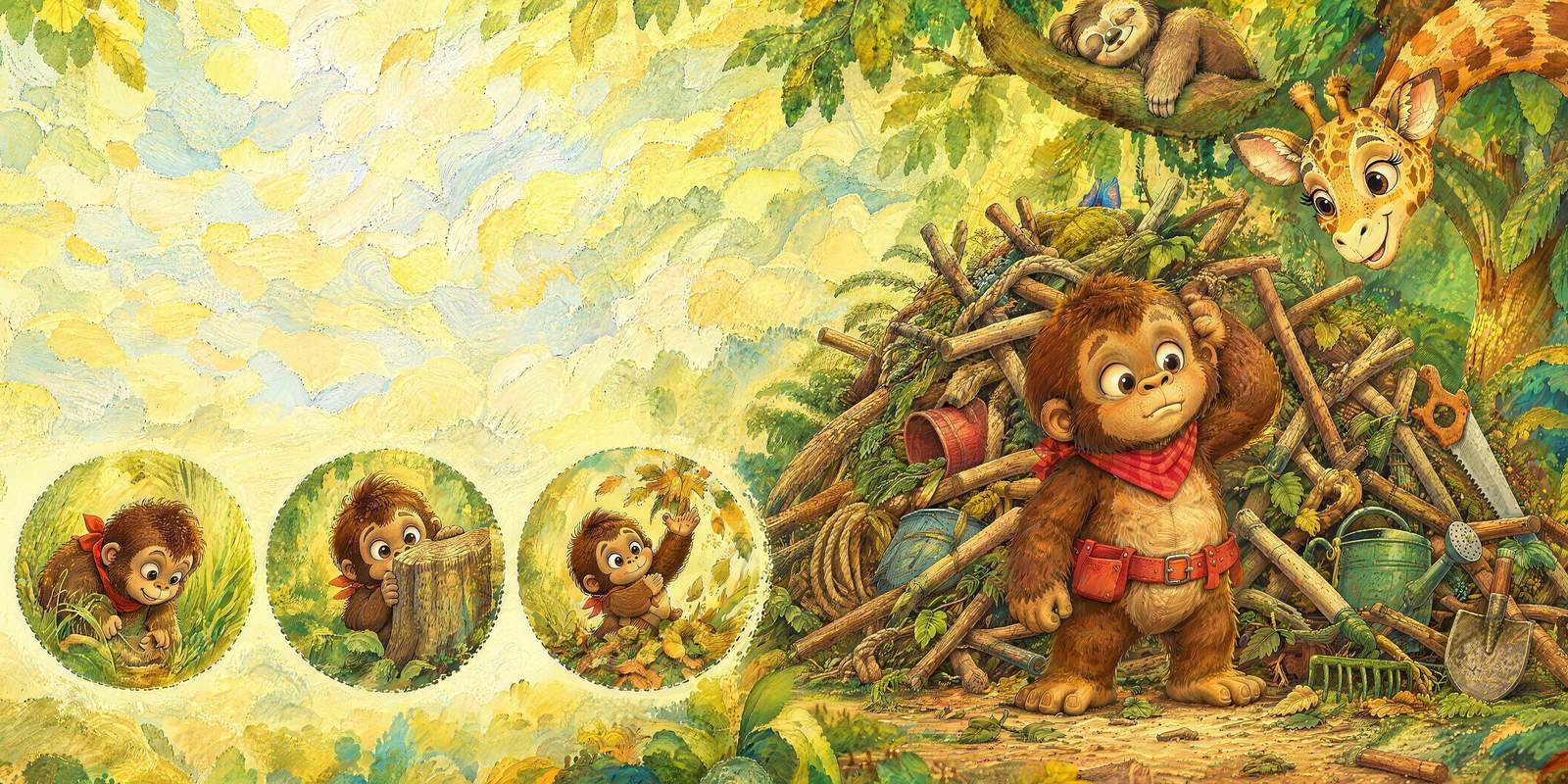 Rocco hunting for his hammer in a towering heap of sticks, logs and vines while Joyful the Giraffe bends down to help