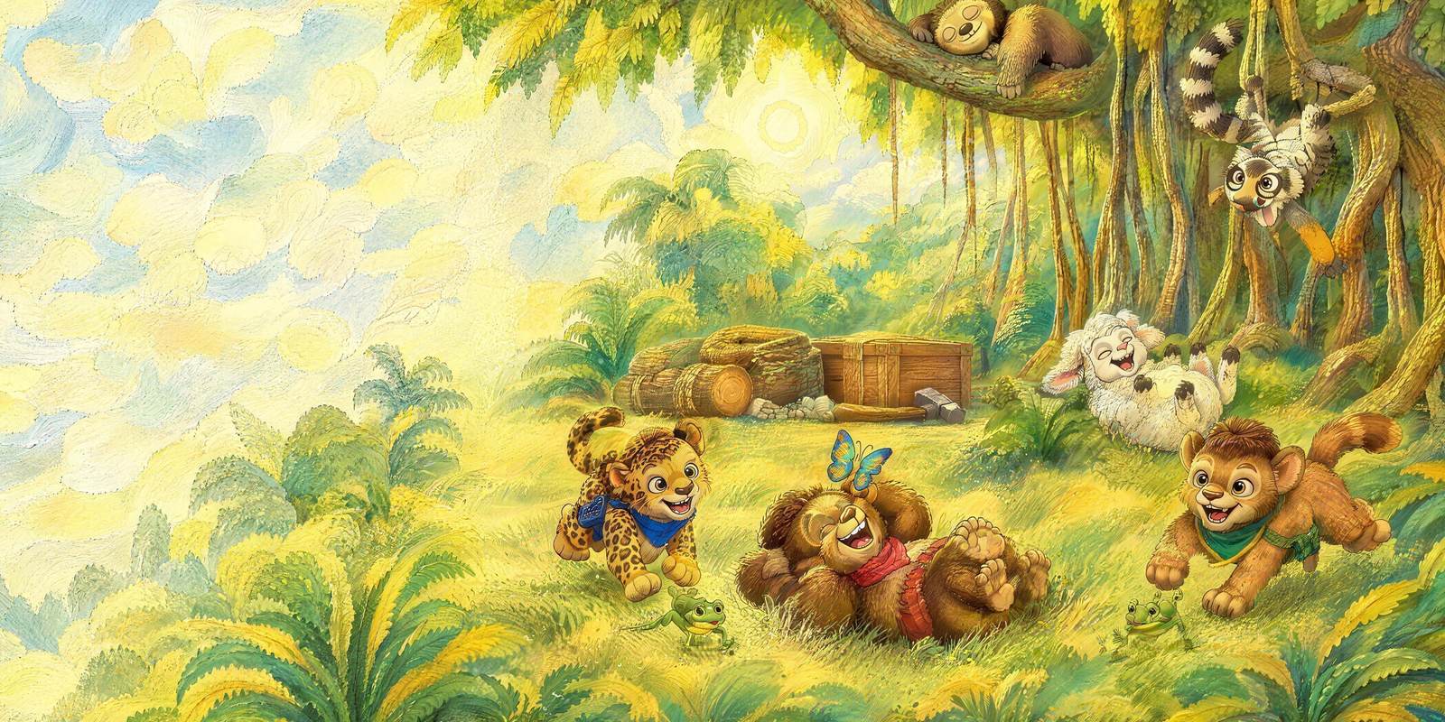 BrittBritt the Butterfly leading Rocco and his friends to a sunny clearing by the banyan tree