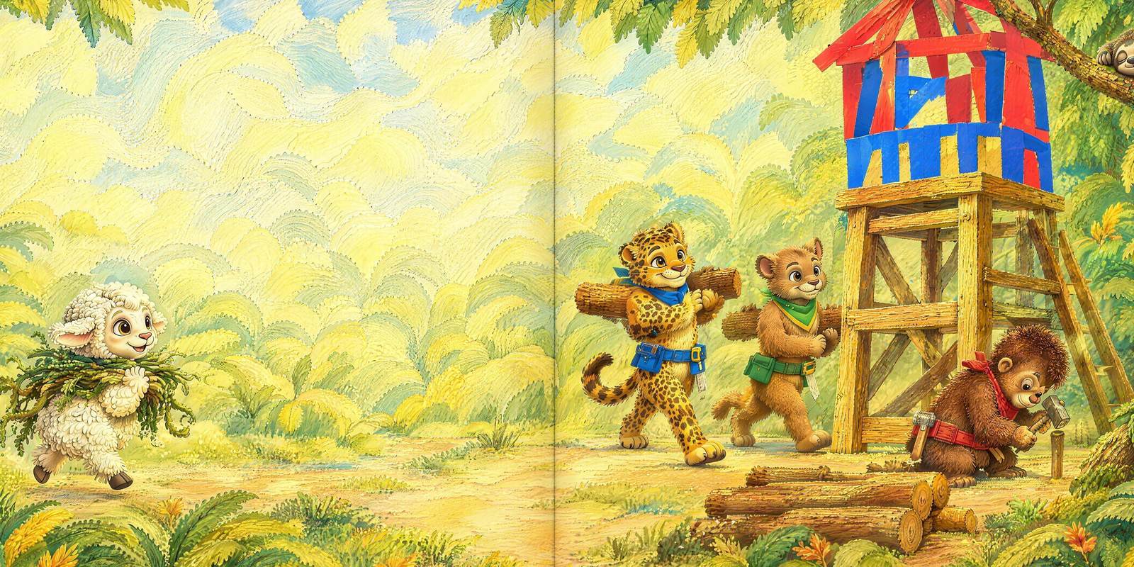 Cannon the Cougar and Jack the Jaguar stacking logs as Saige the Sheep brings armfuls of vines