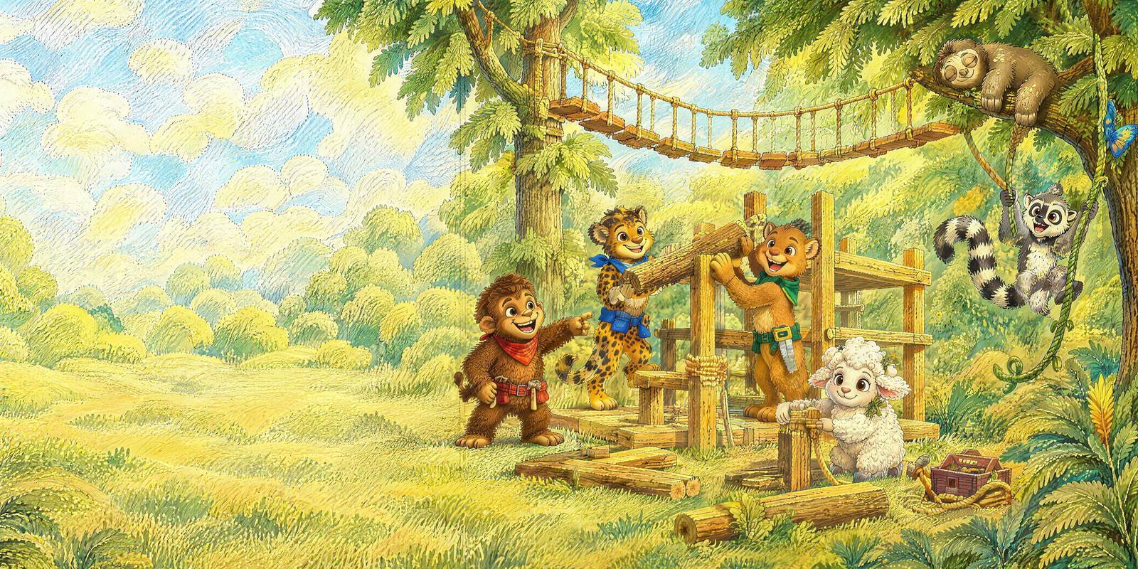 The whole team building together, each friend in just the right place