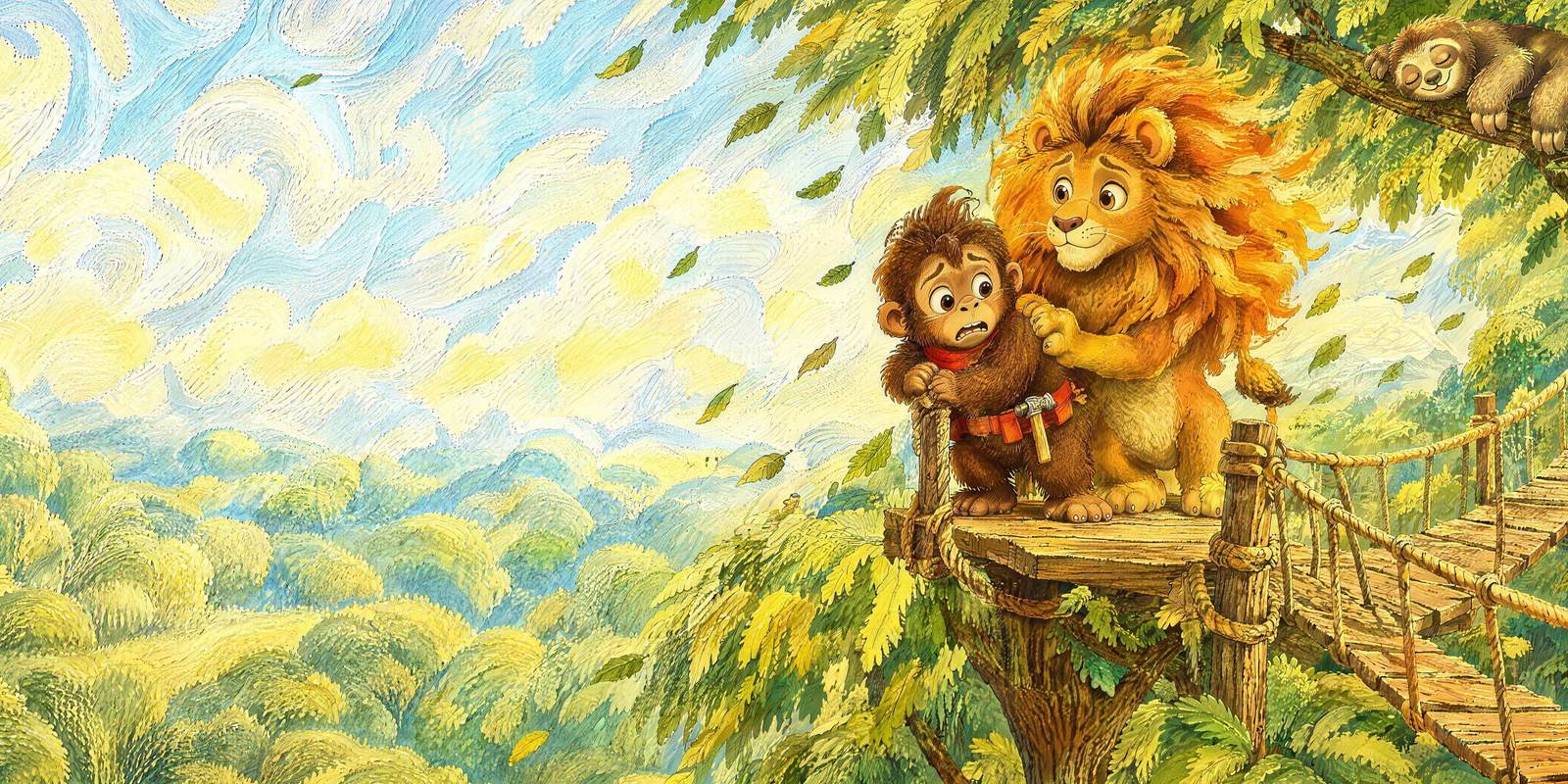 Christian the Lion encouraging Rocco at the wobbly rope bridge high in the trees