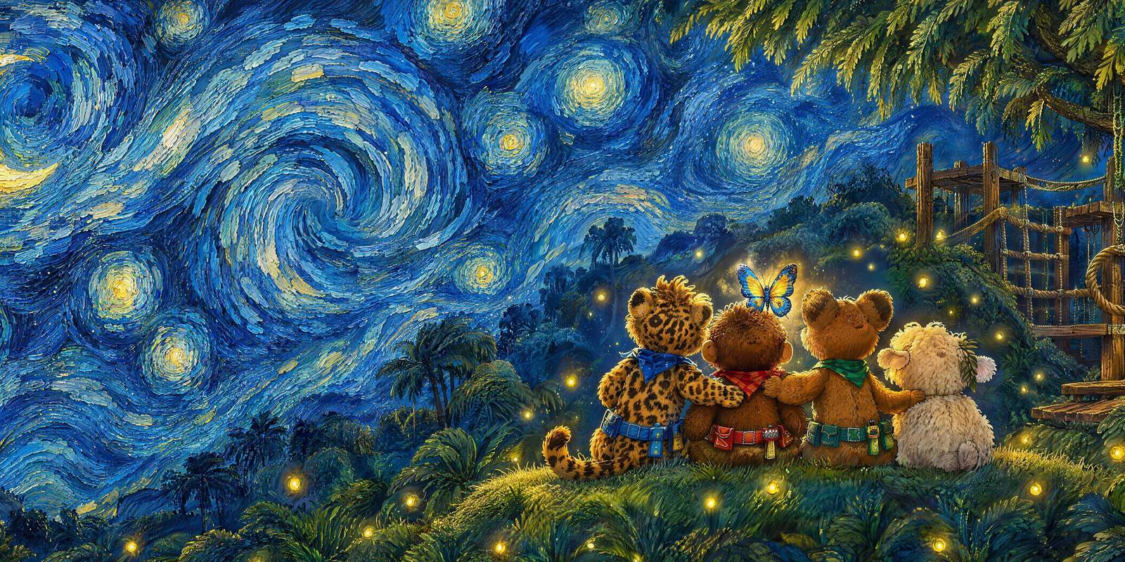 Rocco and his friends under the moon and fireflies after the big day